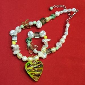 Glass Heart and Fresh Water Pearls New